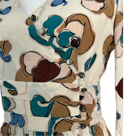 Vtg SARA BERMAN Silk Floral Chiffon Wrap Dress sz S Brown Blue Abalone Buttons - Picture 8 of 13